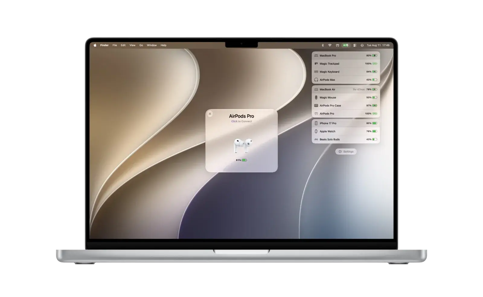 AirBuddy 3 connect supported airpods and beats from the action hud screenshot