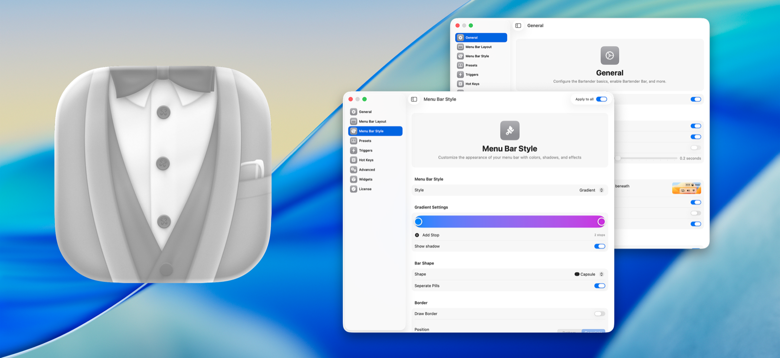 Bartender 6 settings window showing menu bar layout and styling controls