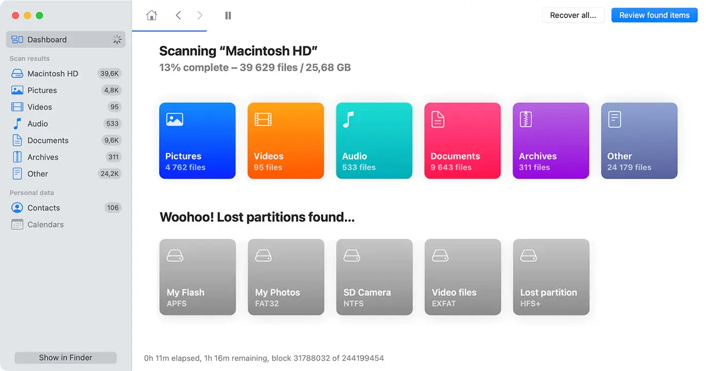 Scan for deleted files and lost partitions across supported file systems