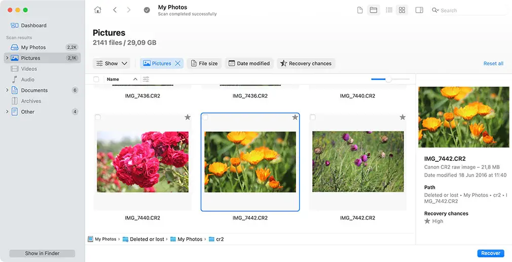 Preview recoverable photos and filter results before restoring